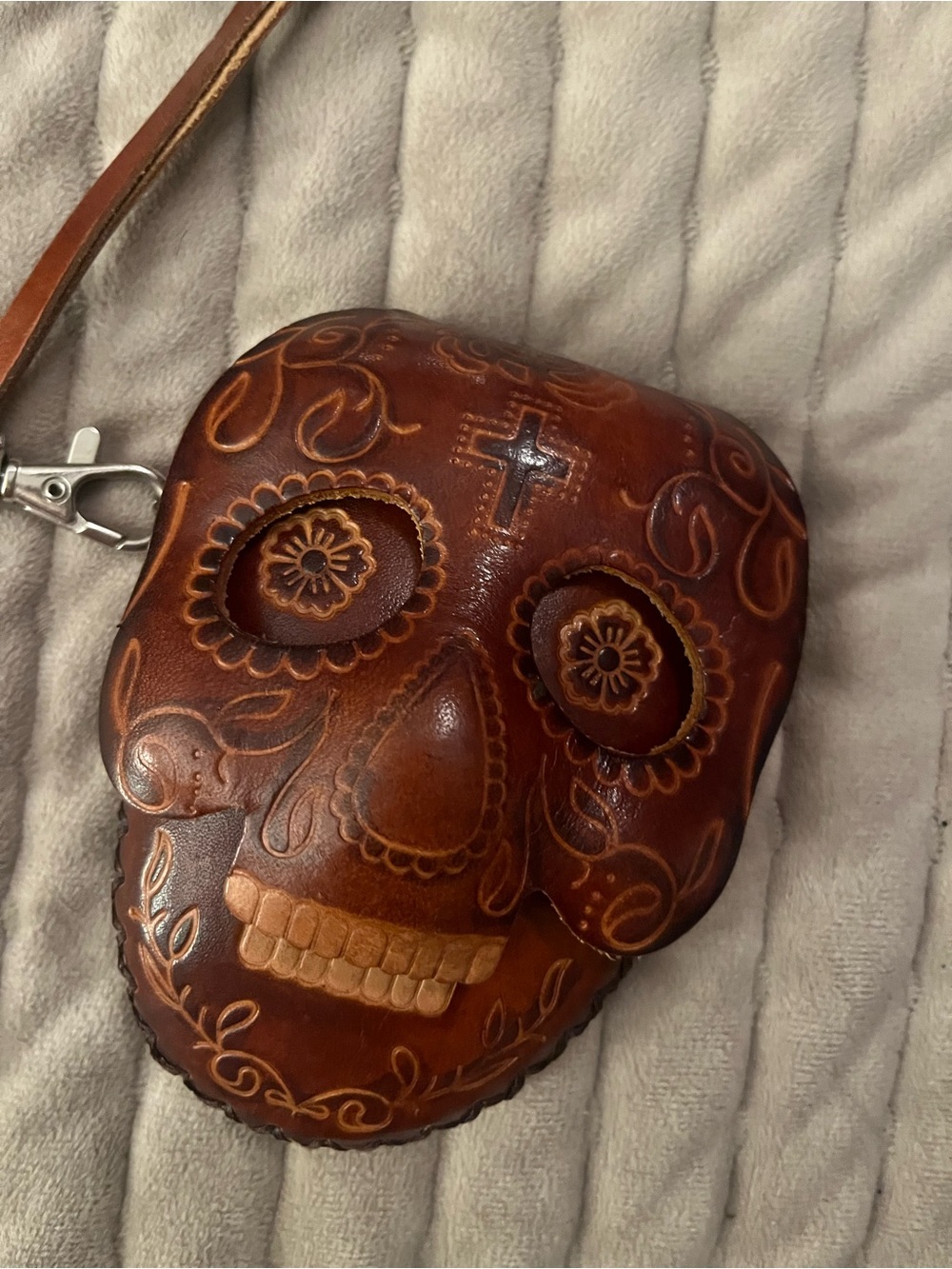 Hand-Tooled Brown Leather Skull Coin purse with wrist strap